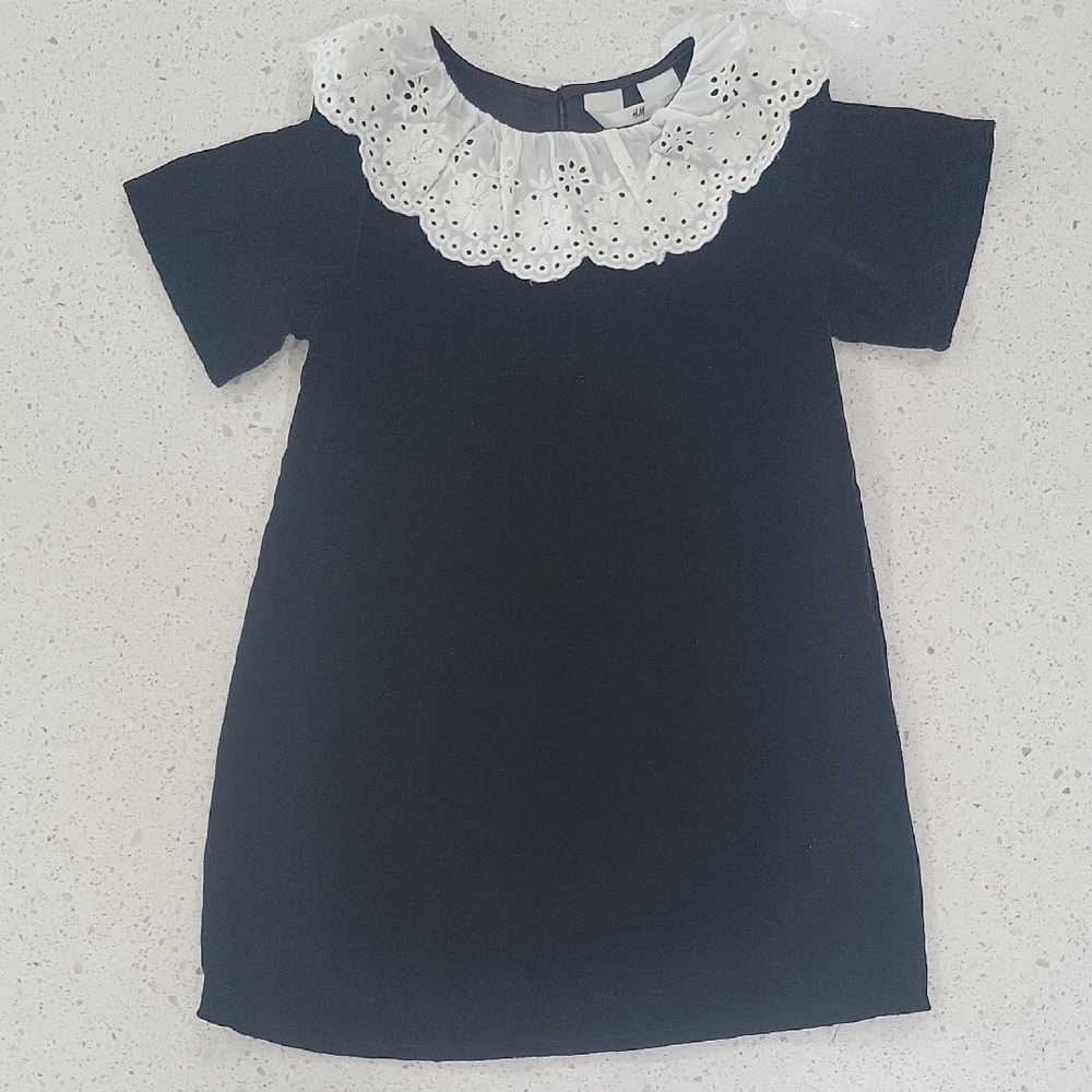 H&M Toddler Girl's White Collared Black Velvet Dress